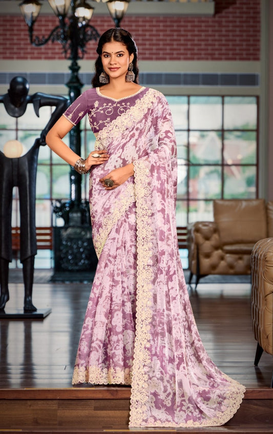 Women Violet Burberry Silk Carnival Saree