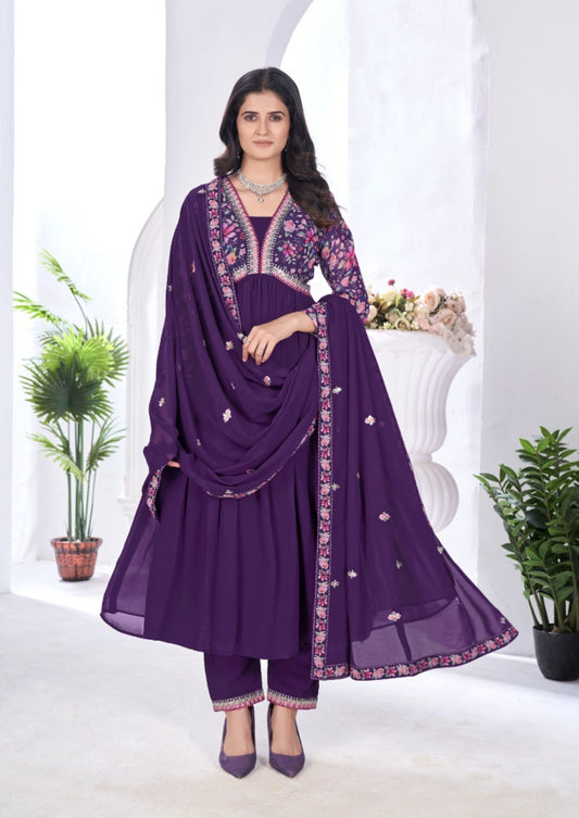 Women Purple Blooming Georgette Anarkali Suit Set