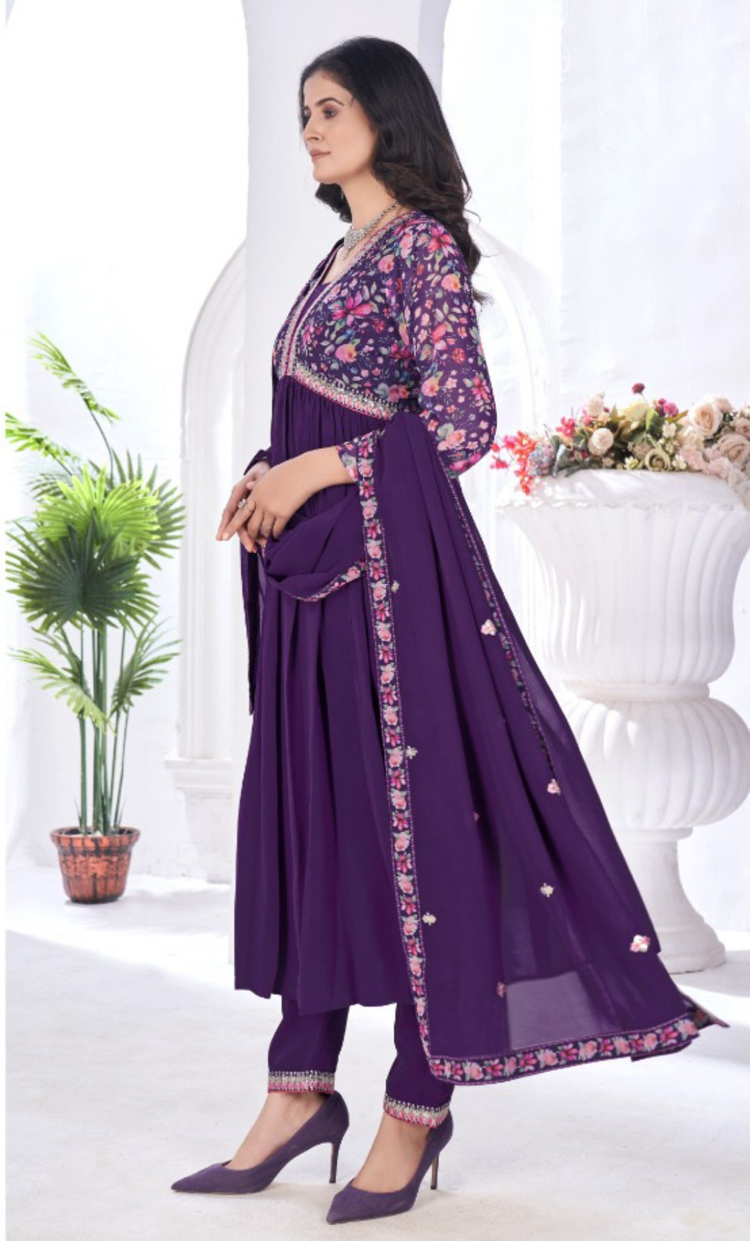 Women Purple Blooming Georgette Anarkali Suit Set