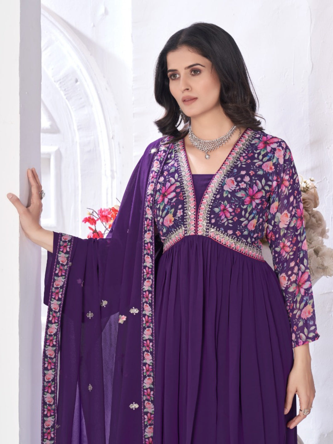 Women Purple Blooming Georgette Anarkali Suit Set