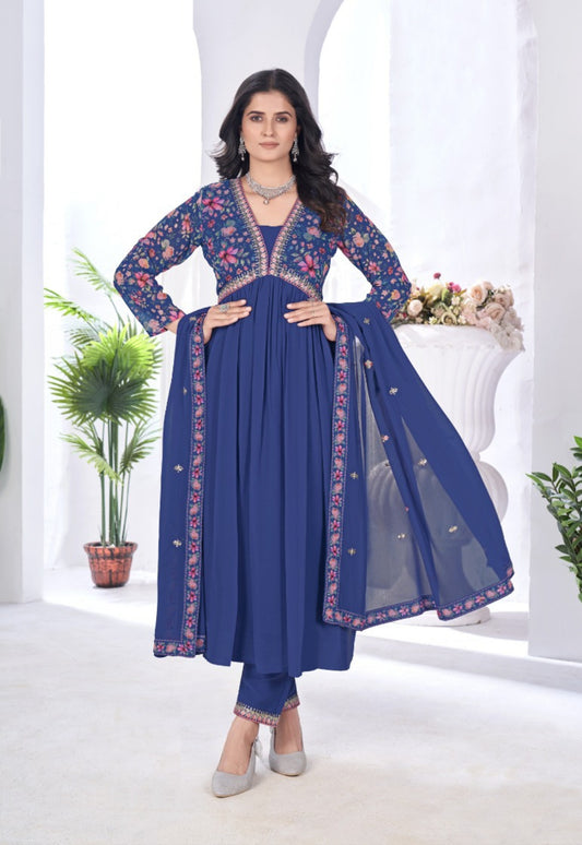 Women Navy Blue Blooming Georgette Anarkali Suit Set
