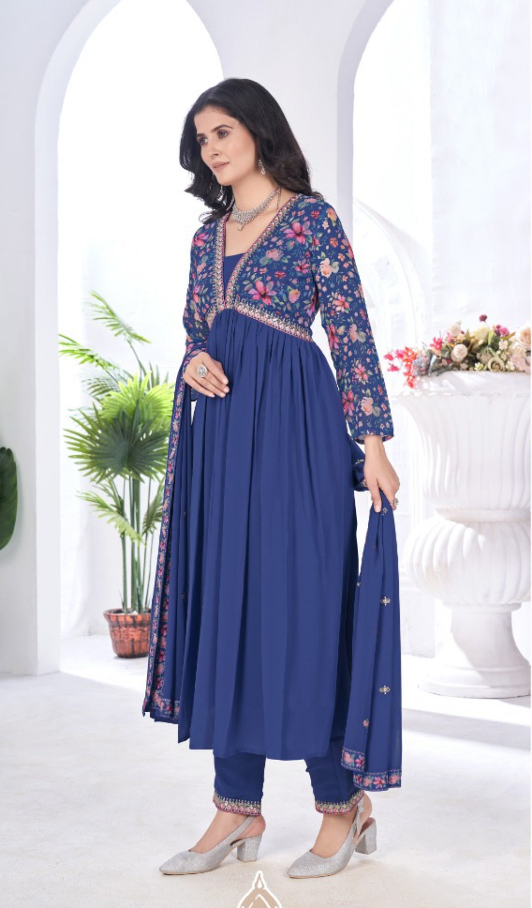 Women Navy Blue Blooming Georgette Anarkali Suit Set