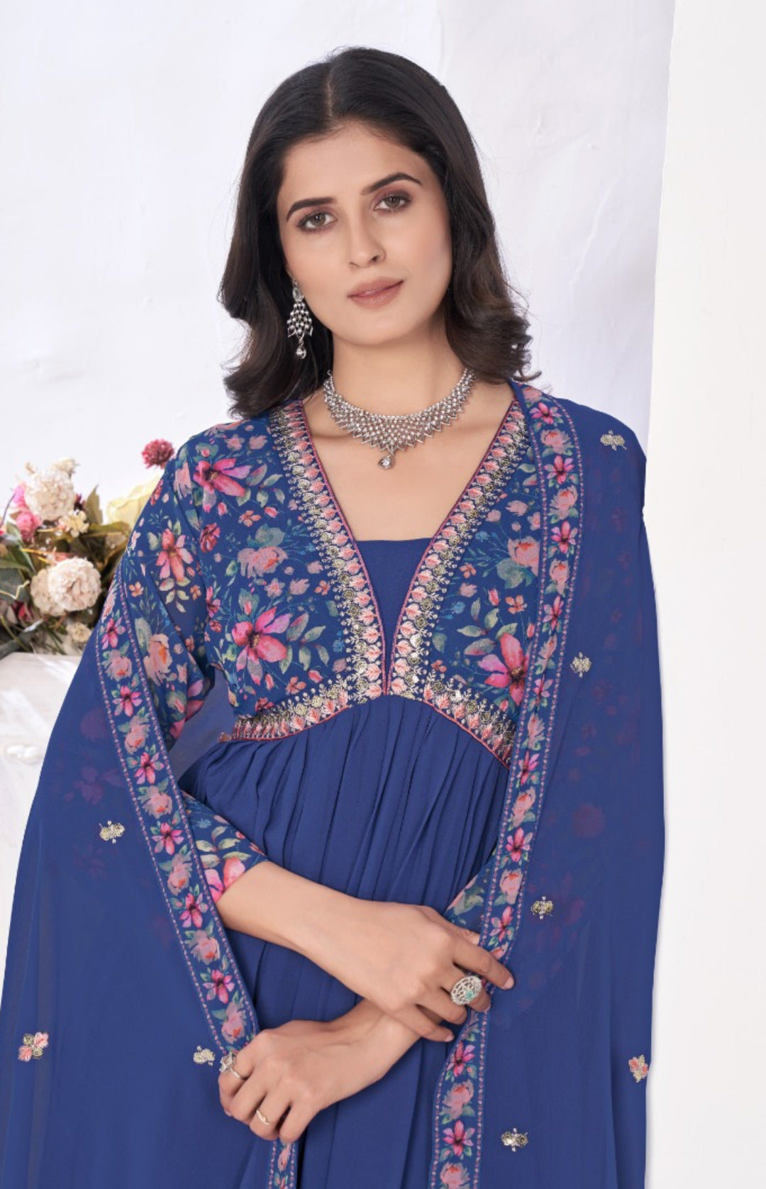 Women Navy Blue Blooming Georgette Anarkali Suit Set