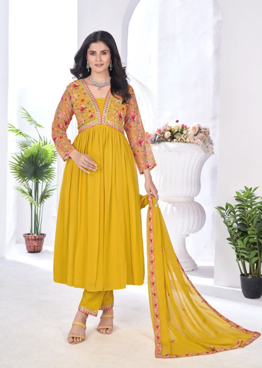 Women Mustard Blooming Georgette Anarkali Suit Set