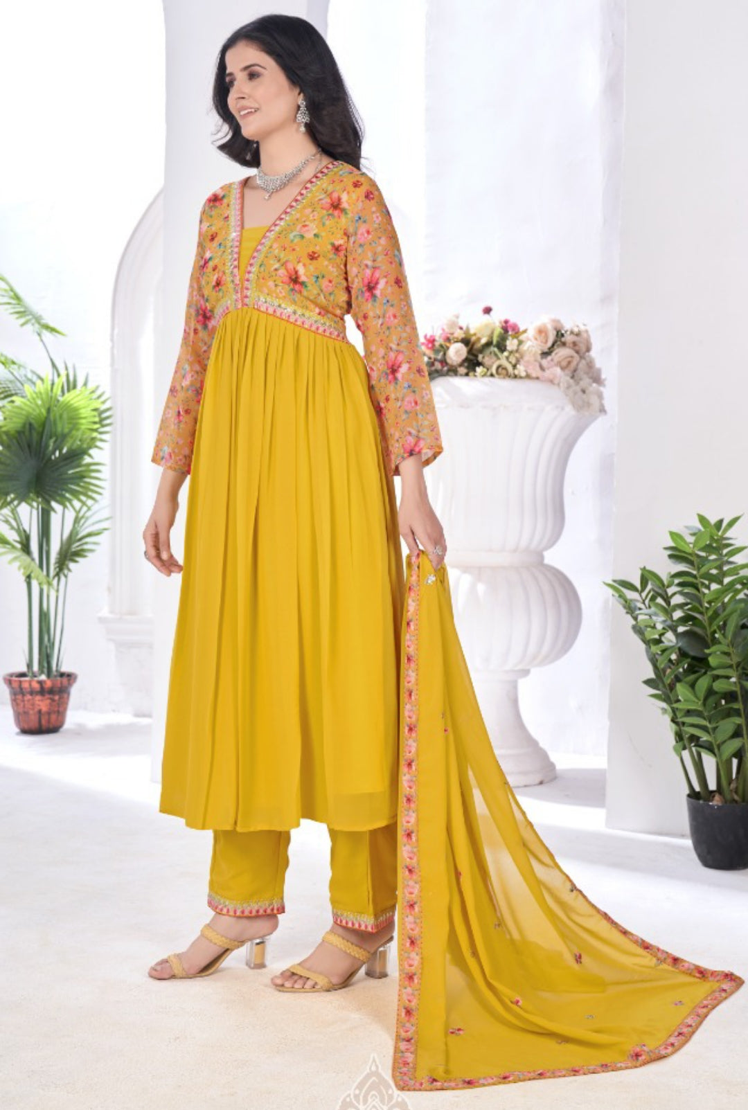 Women Mustard Blooming Georgette Anarkali Suit Set