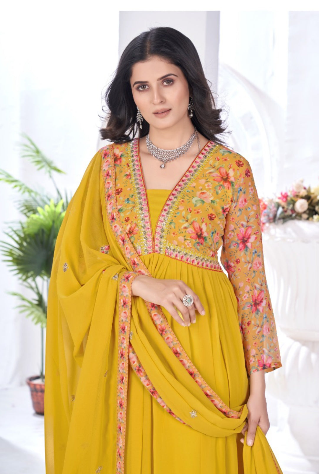 Women Mustard Blooming Georgette Anarkali Suit Set