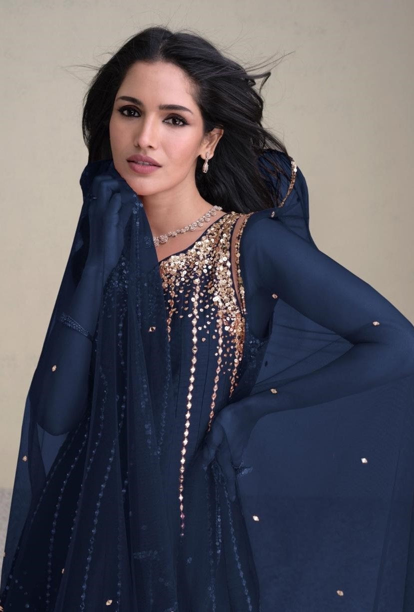 Women Navy Blue Silk Dhoti Pant Suit Set