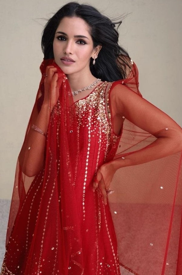 Women Red Silk Dhoti Pant Suit Set