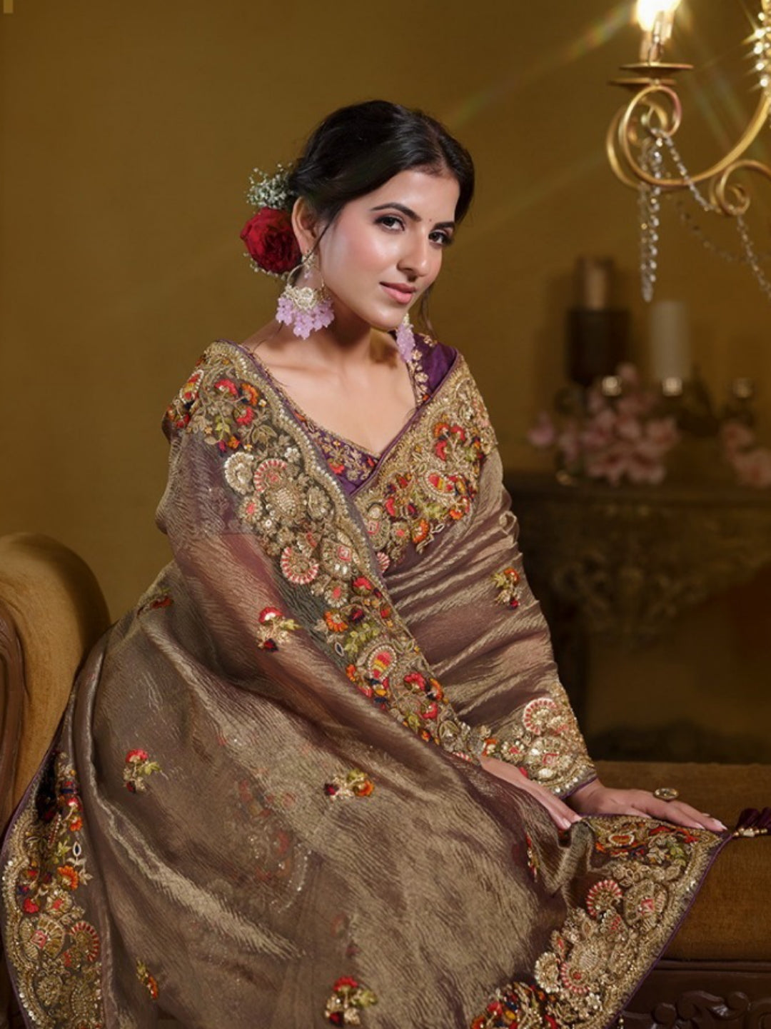 Flattering Purple Banarasi Crush Silk Embroidery Saree