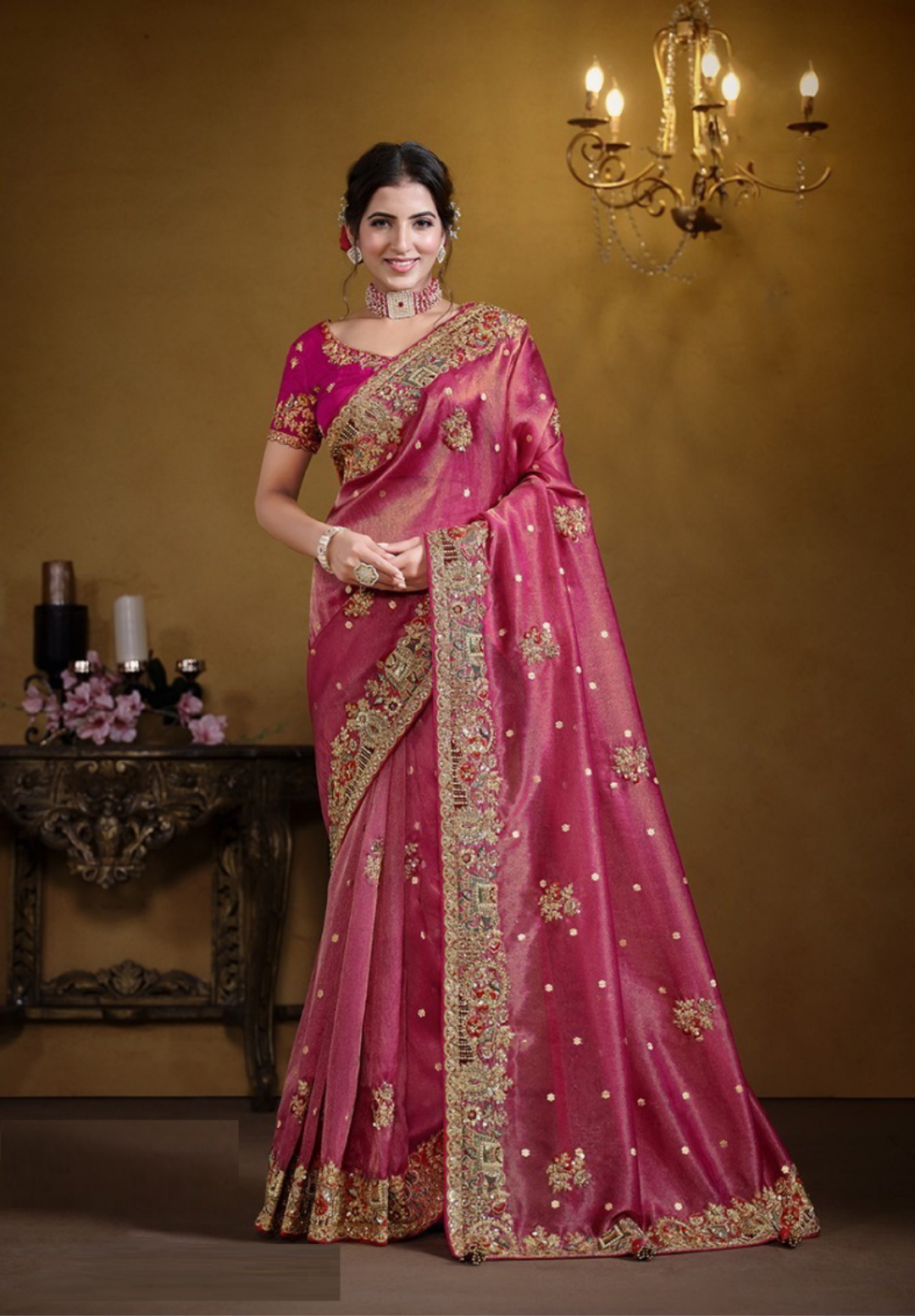 Sumptuous Pink Organza Silk Silk Embroidery Saree