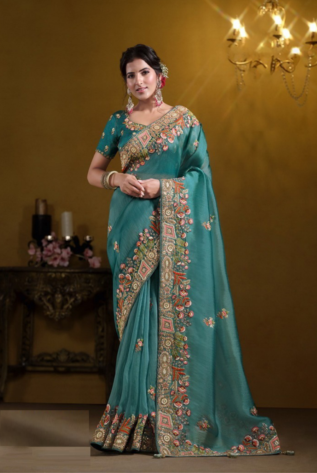 Statement-Making Teal Tissue Silk Embroidery Saree