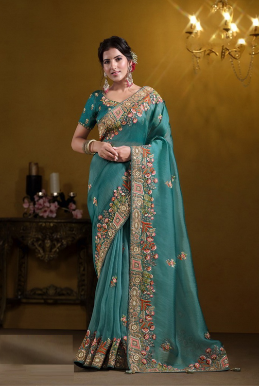 Statement-Making Teal Tissue Silk Embroidery Saree