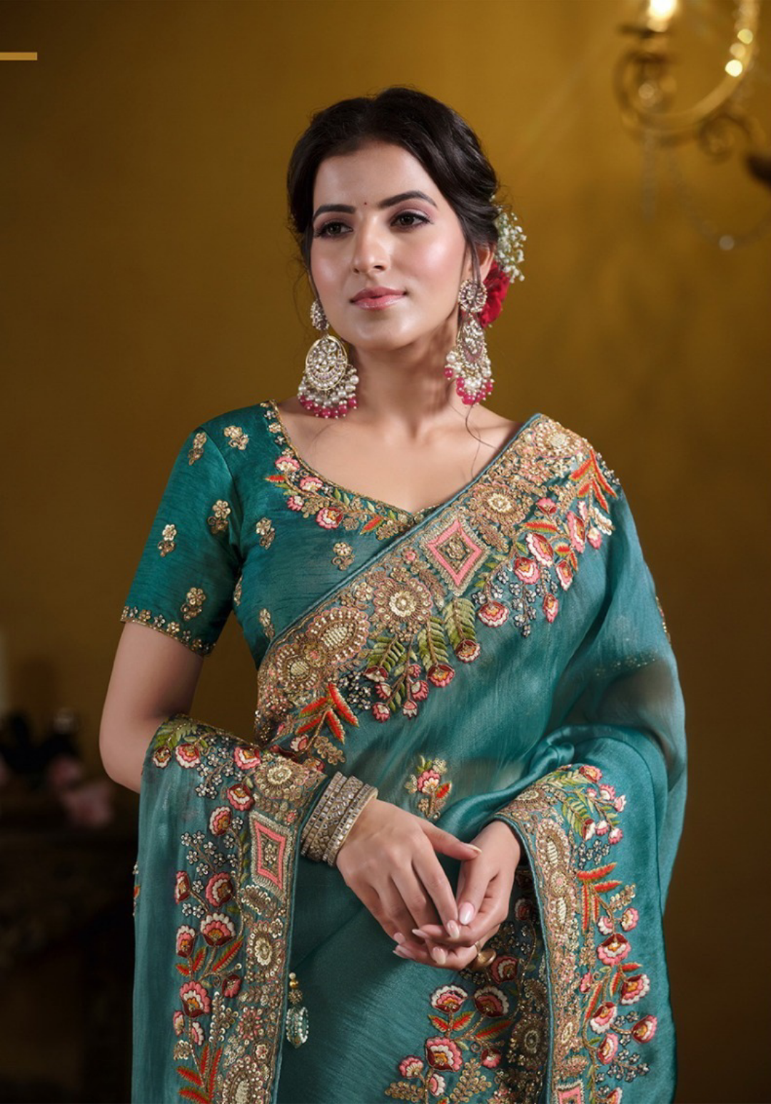 Statement-Making Teal Tissue Silk Embroidery Saree