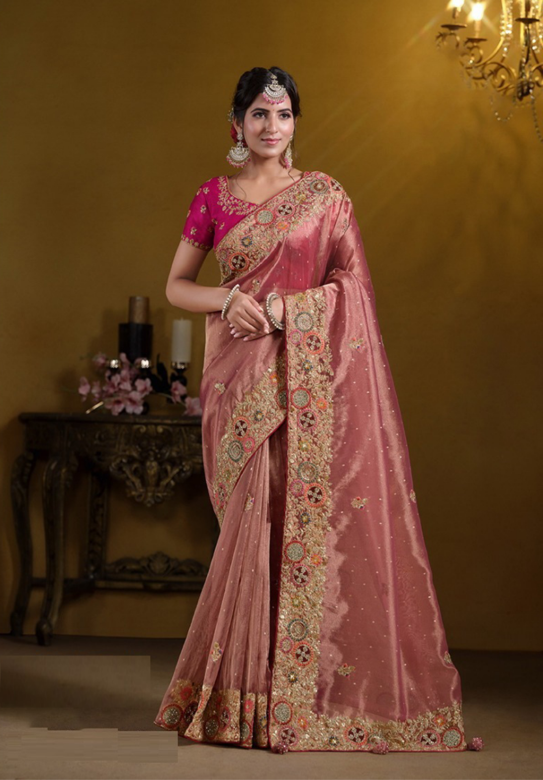 Couture Pink Organza Silk Silk Embroidery Saree