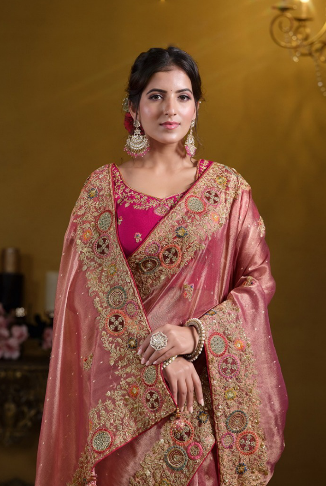 Couture Pink Organza Silk Silk Embroidery Saree