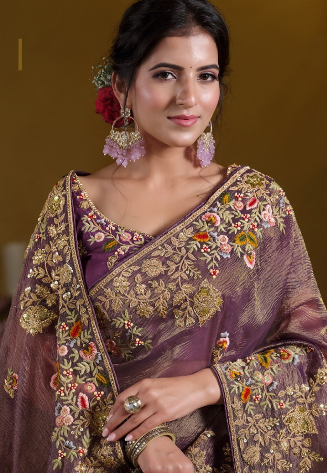 Tailored-To-Perfection Violet Banarasi Crush Silk Embroidery Saree