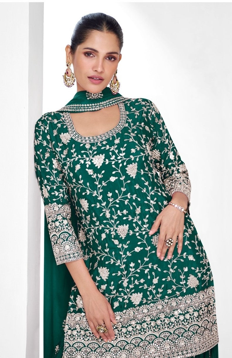 Women Green Chinon Silk Sharara Suit Set