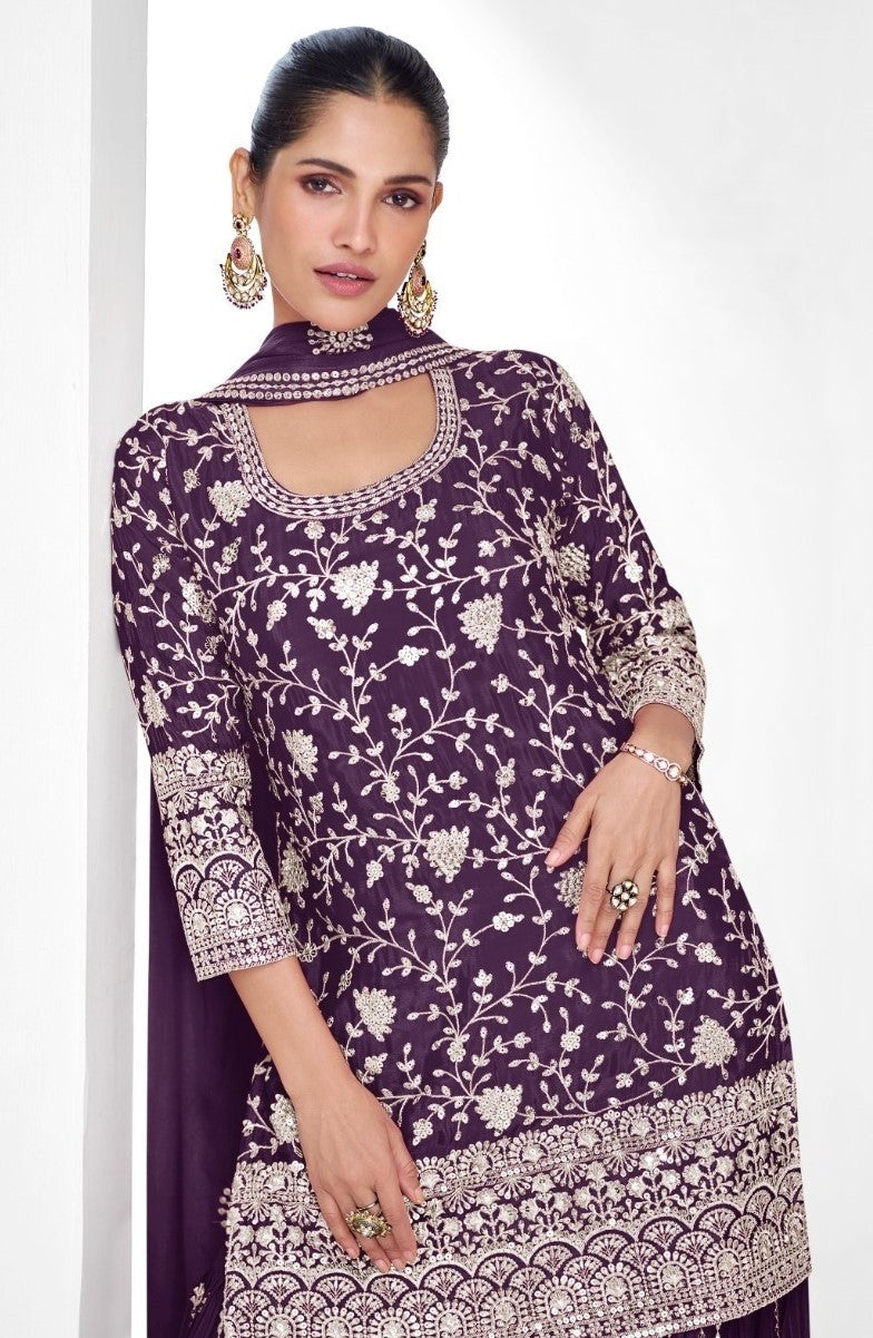 Women Purple Chinon Silk Sharara Suit Set