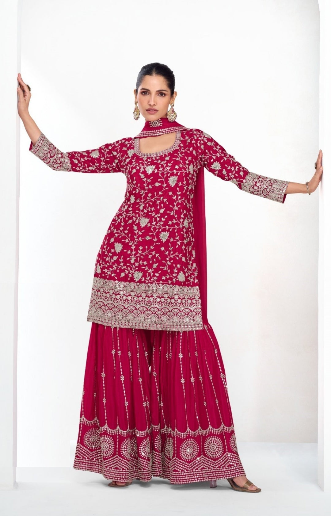 Women Pink Chinon Silk Sharara Suit Set