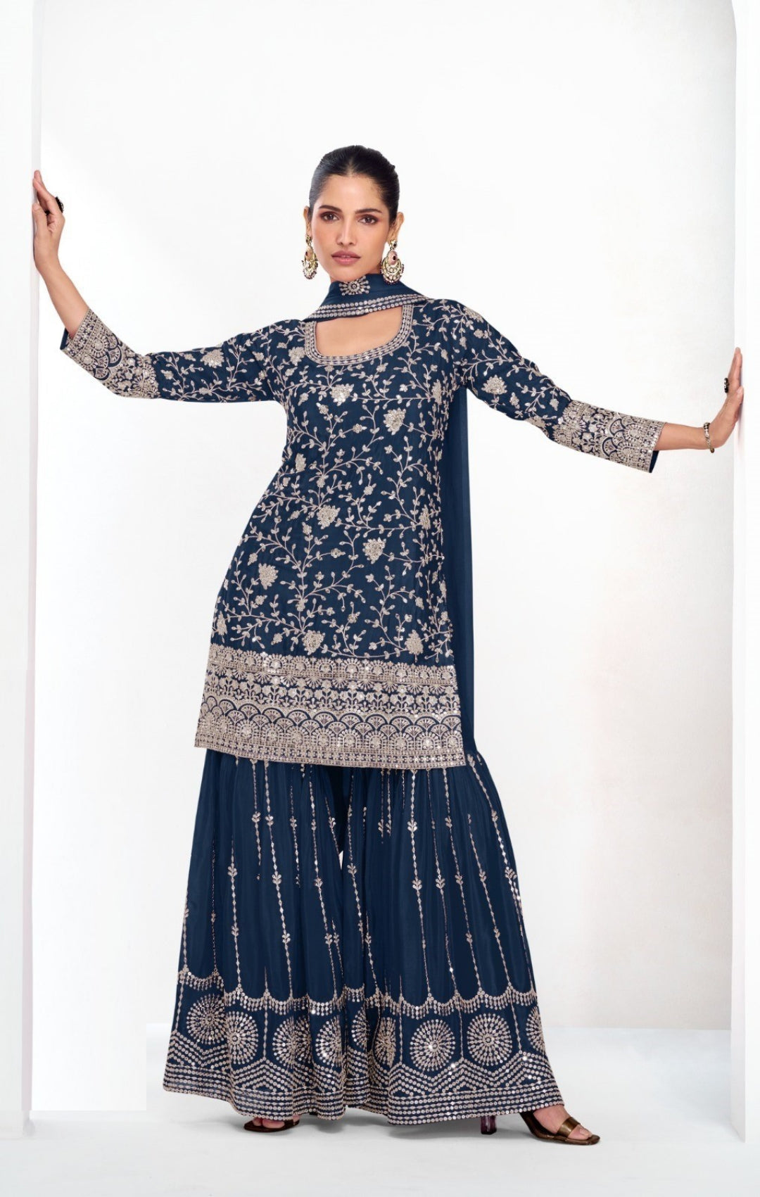 Women Navy Blue Chinon Silk Sharara Suit Set
