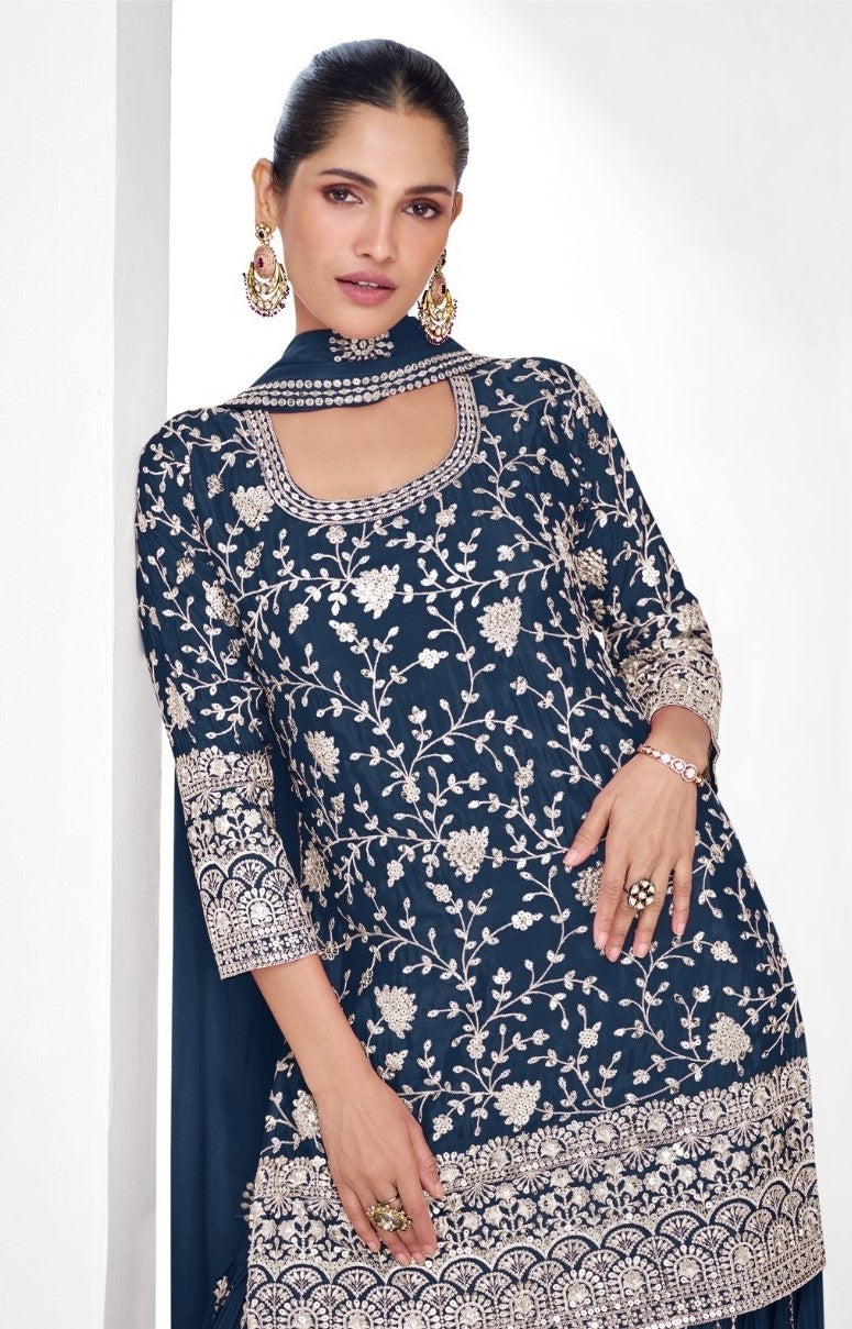 Women Navy Blue Chinon Silk Sharara Suit Set