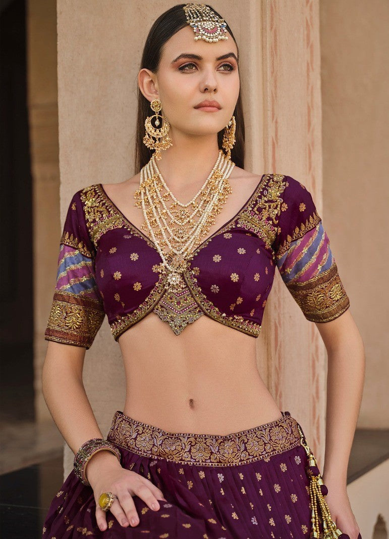Traditional Foil Printed Burgundy Silk Lehenga Set