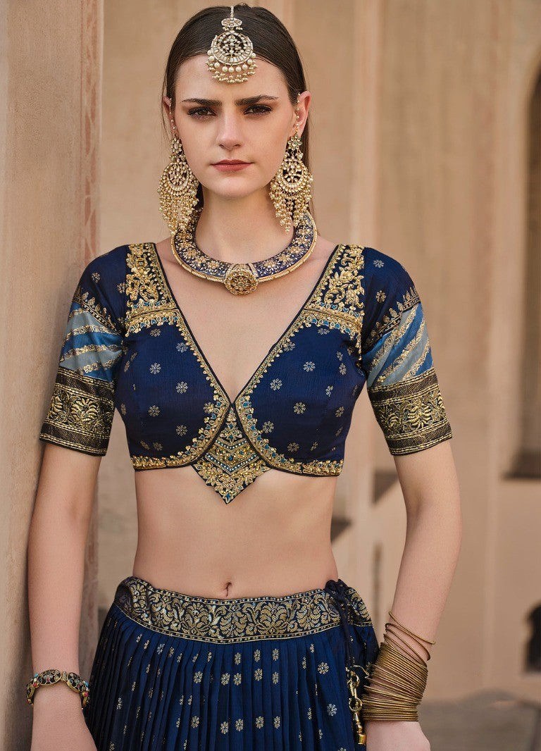 Royal Dark Blue Silk Foil Printed Lehenga Set