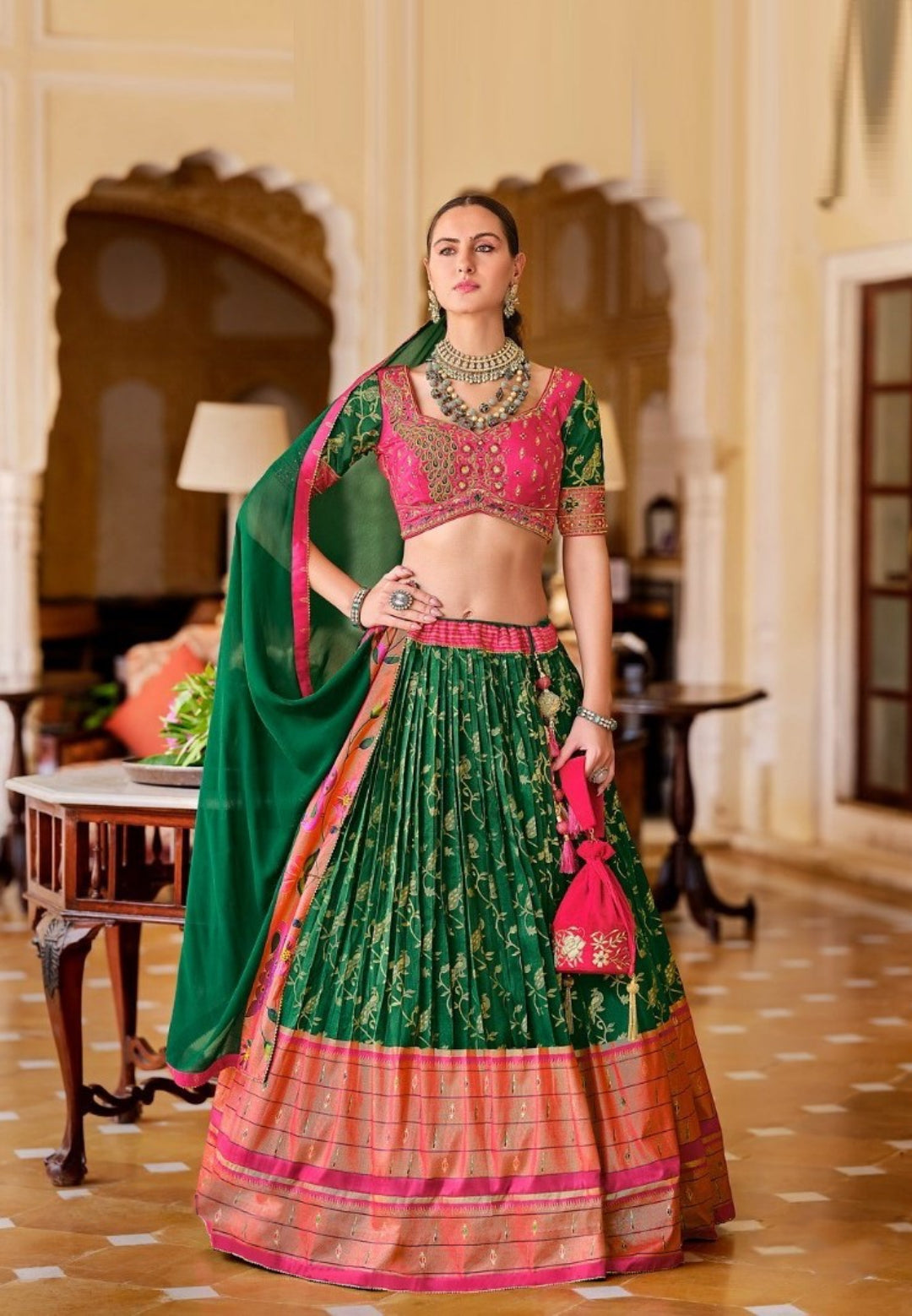 Green And Pink Silk Lehenga Choli With Dupatta