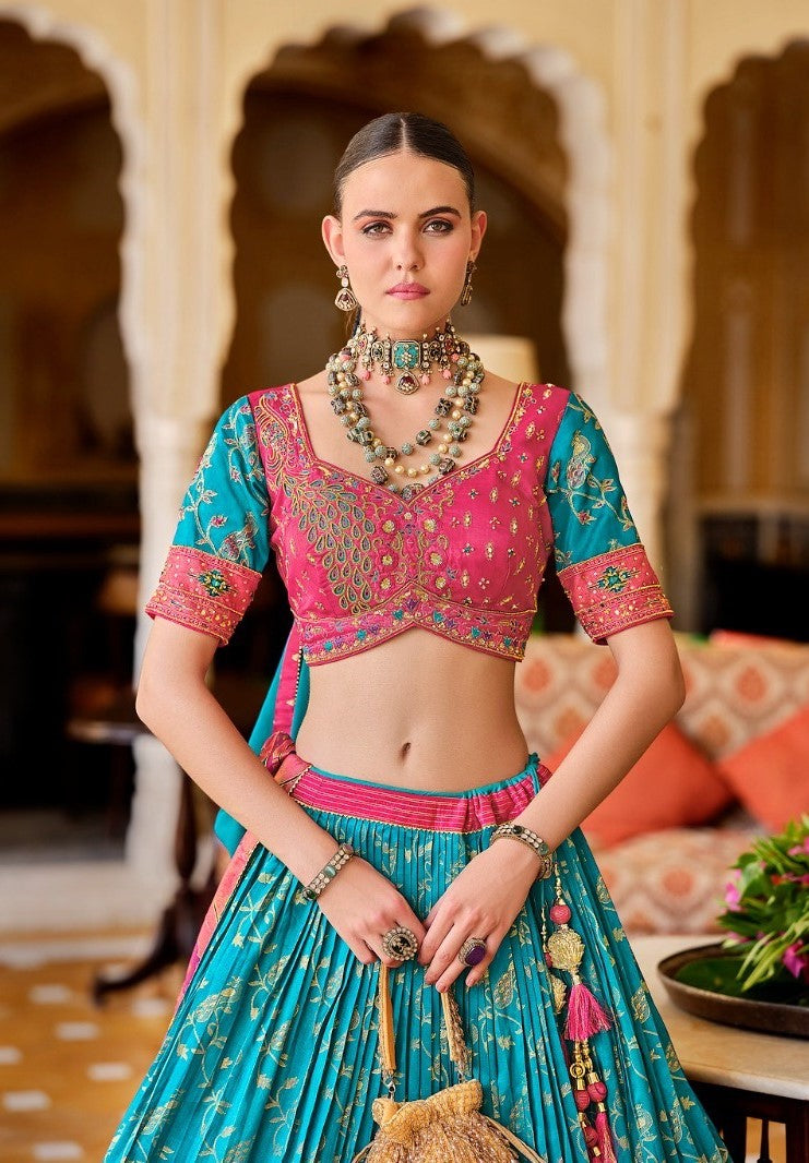 Elegant Blue And Pink Foil Printed Lehenga Set