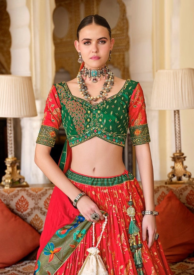 Fancy Pink And Green Silk Lehenga Set