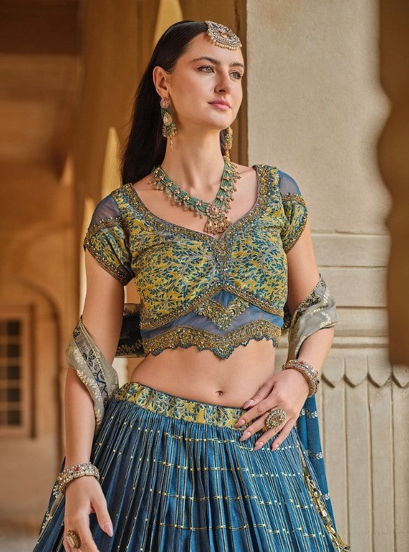 Foil Printed Teal Silk Lehenga Set