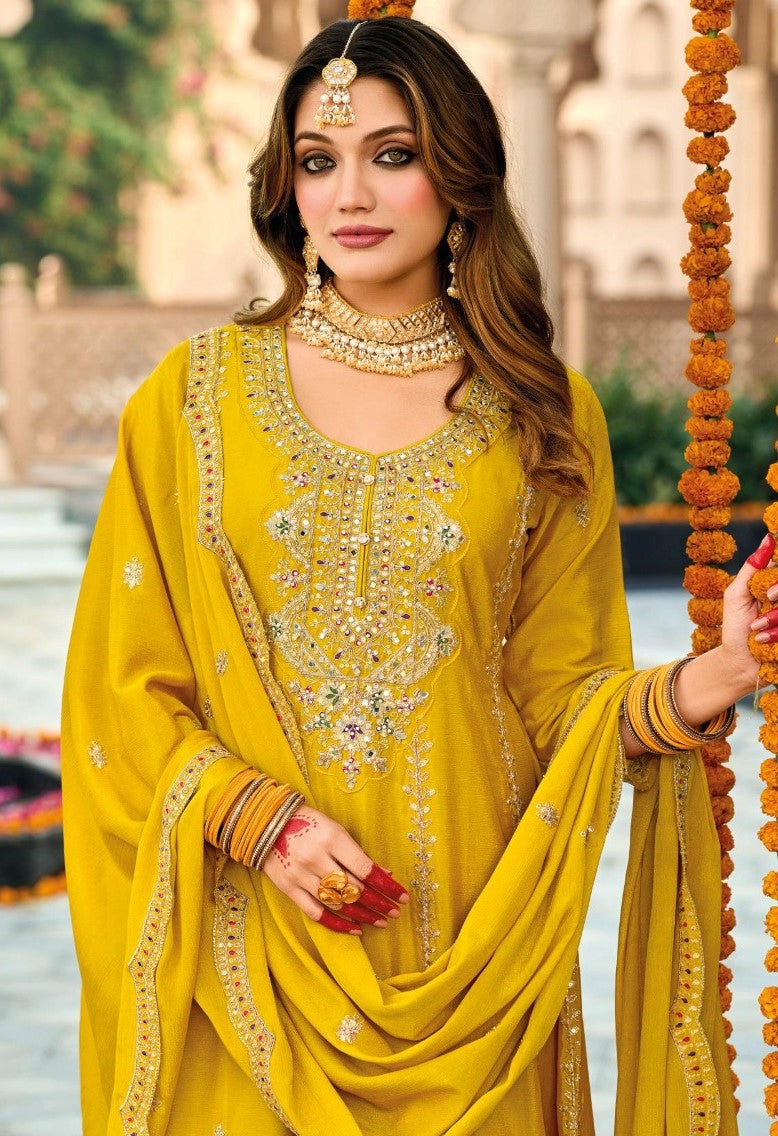 Designer Mustard Chinon Three Piece Suit Set