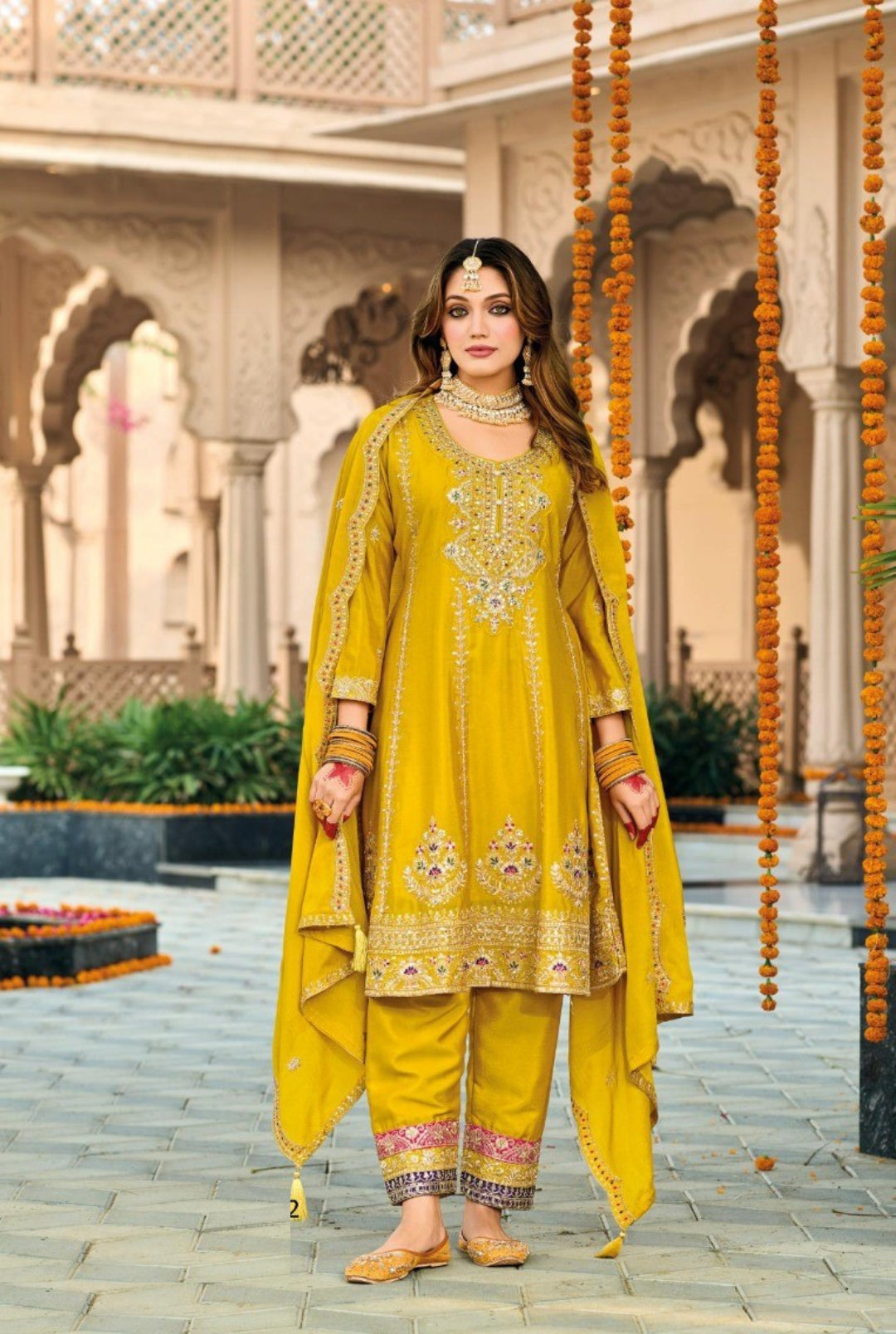 Designer Mustard Chinon Three Piece Suit Set