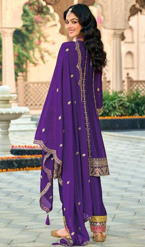 Women Purple Chinon Three Piece Suit Set