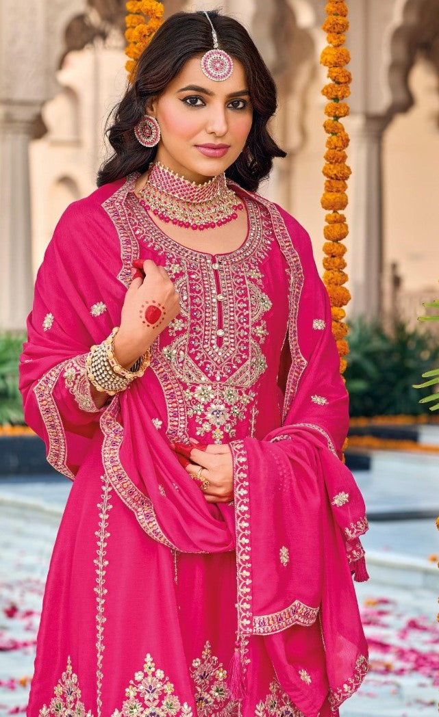 Women Pink Chinon Three Piece Suit Set