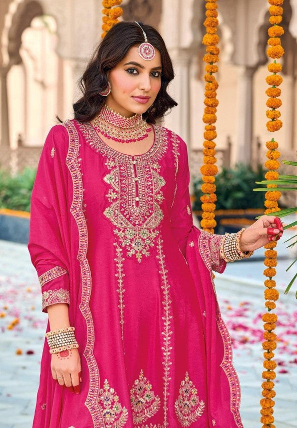 Women Pink Chinon Three Piece Suit Set