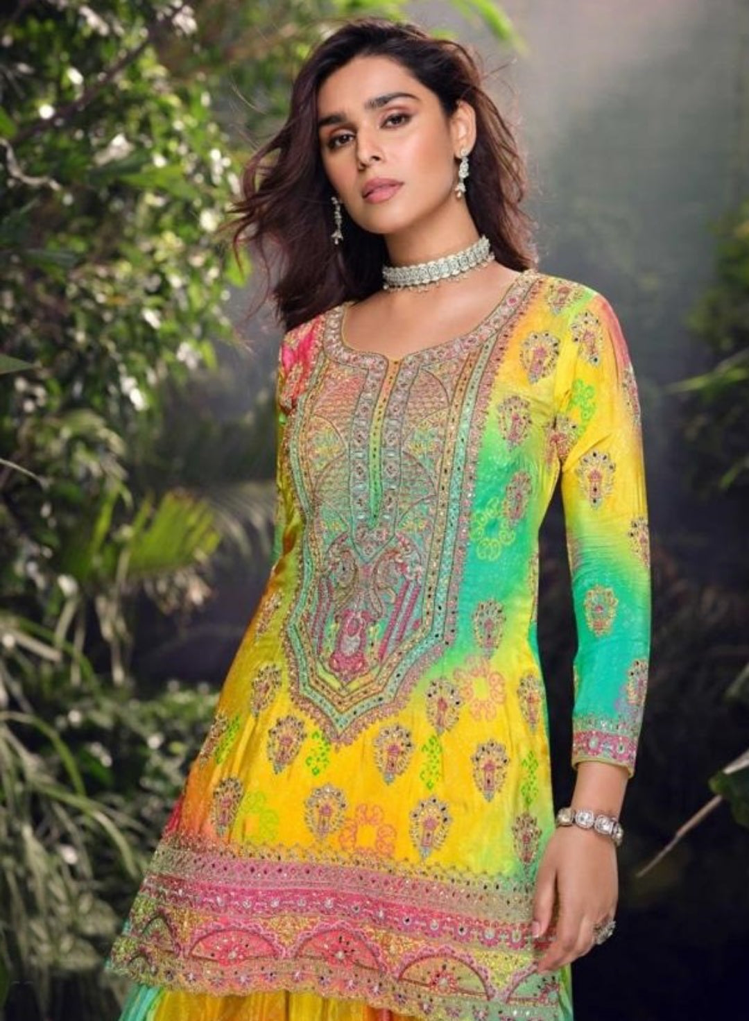 Multicolor Chinon Silk Sharara Set With Dupatta
