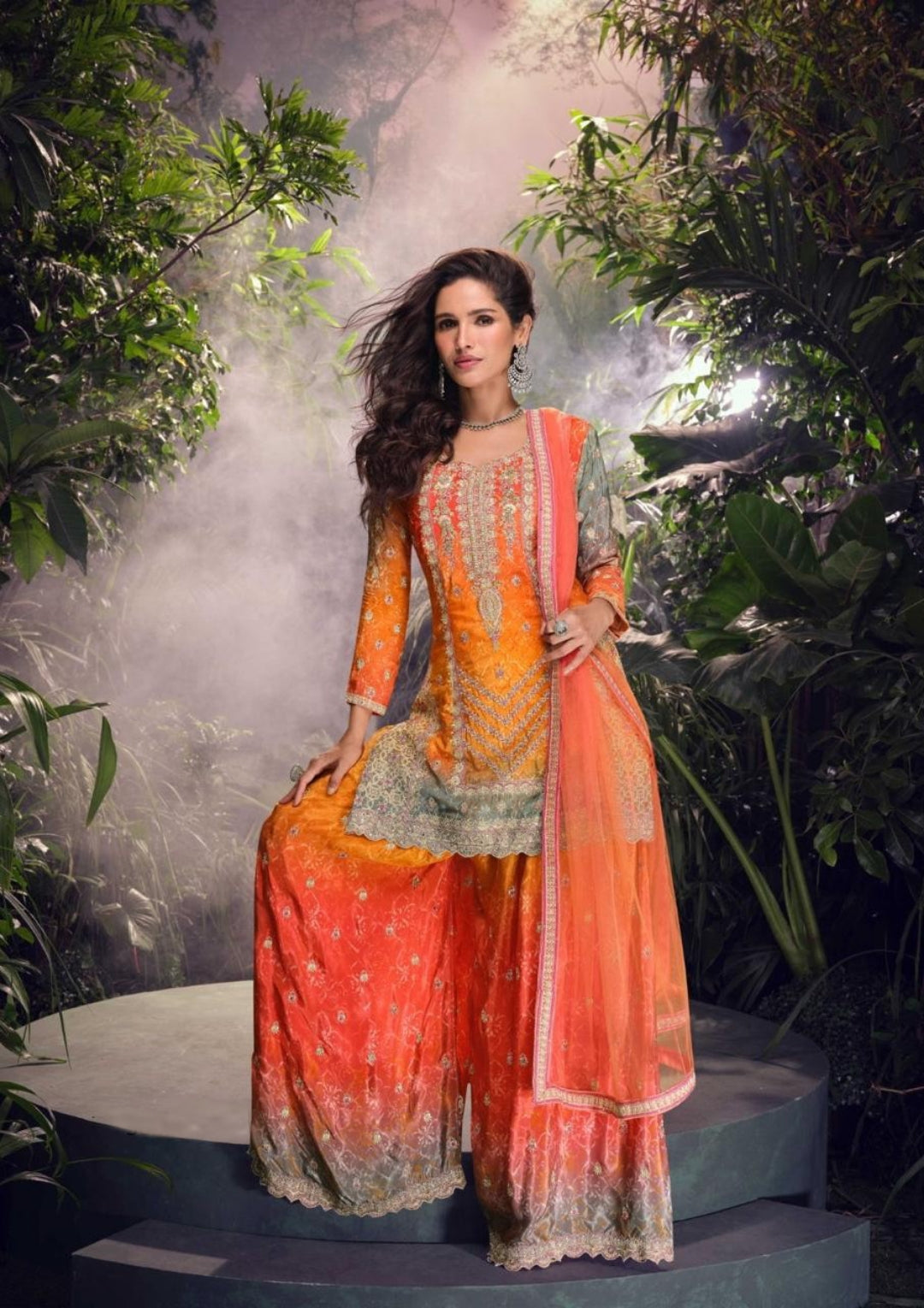 Orange And Coral Chinon Silk Sharara Set With Dupatta