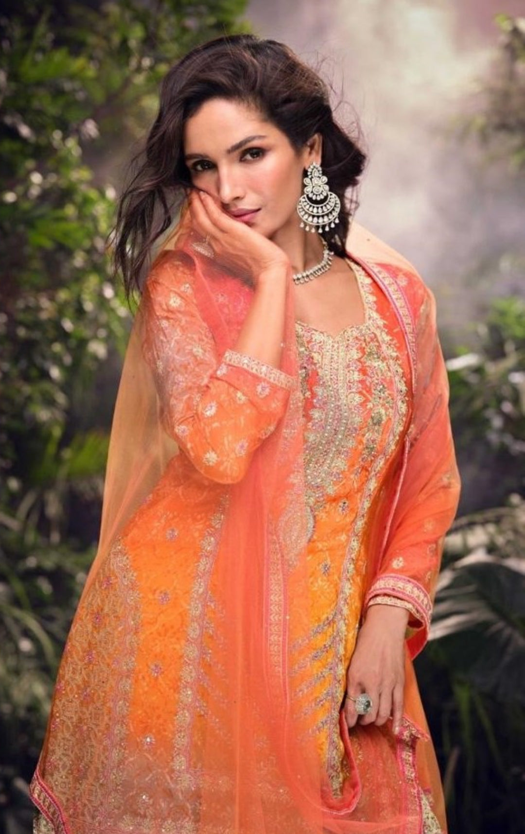 Orange And Coral Chinon Silk Sharara Set With Dupatta