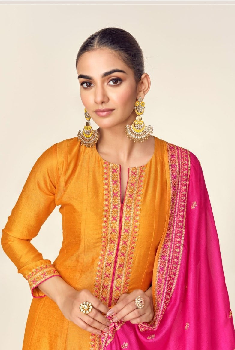 Women Orange Silk Front Slit Salwar Suit Set
