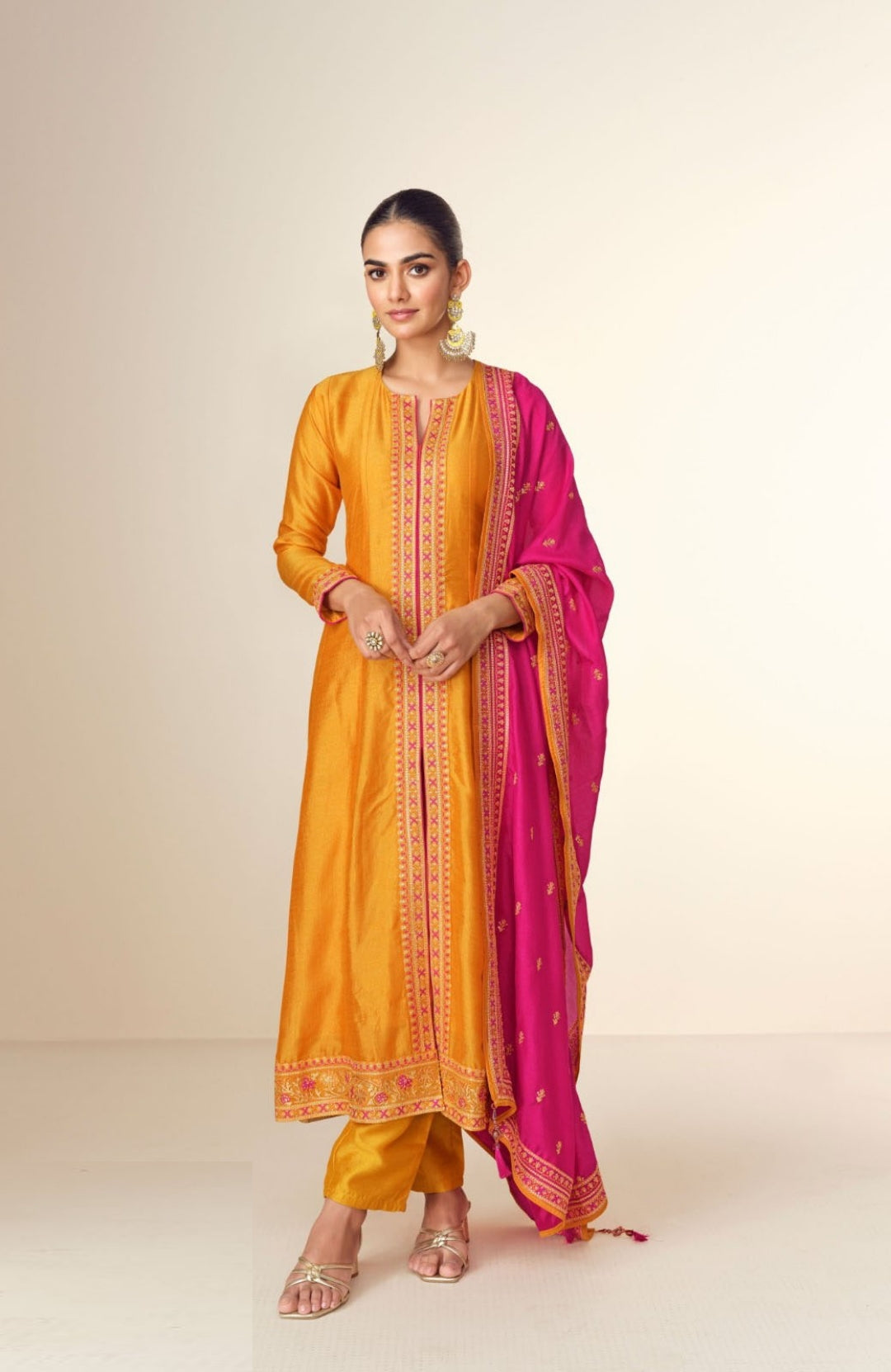 Women Orange Silk Front Slit Salwar Suit Set