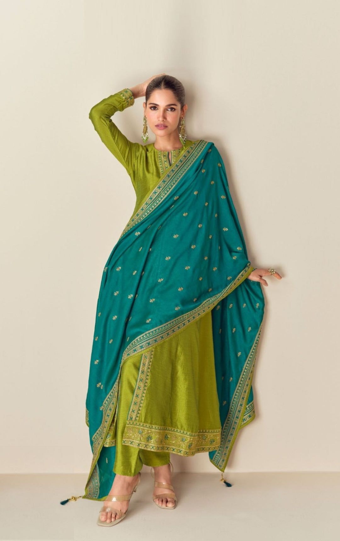 Women Green Silk Front Slit Salwar Suit Set