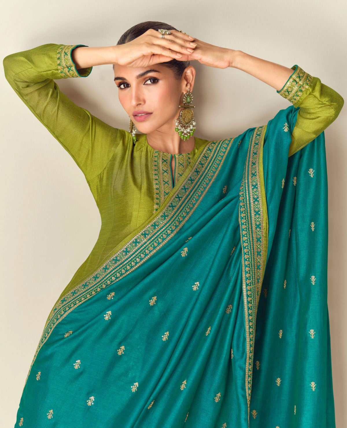 Women Green Silk Front Slit Salwar Suit Set