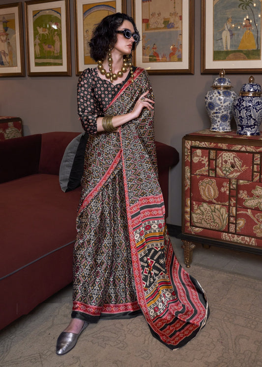 Lustrous Black Satin Crape Carnival Saree