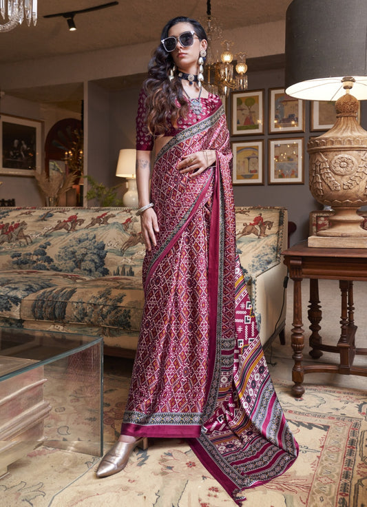 Avant-Garde Wine Satin Crape Carnival Saree