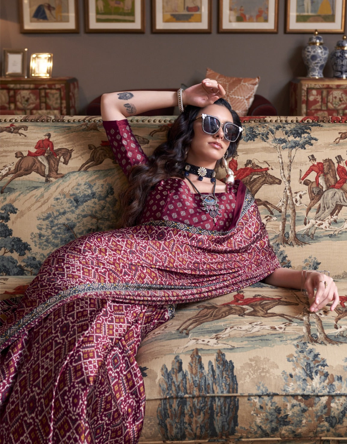 Avant-Garde Wine Satin Crape Carnival Saree