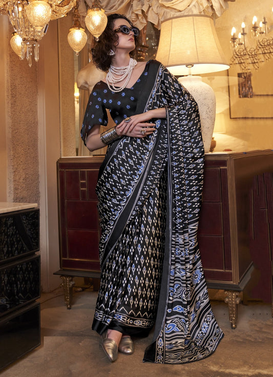 Amazing Black Satin Crape Carnival Saree