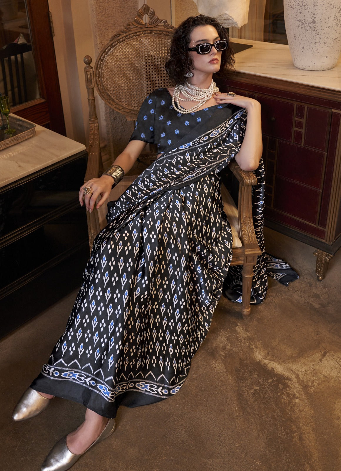 Amazing Black Satin Crape Carnival Saree