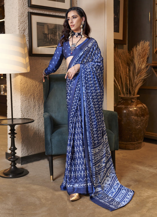 Beautiful Navy Blue Satin Crape Carnival Saree