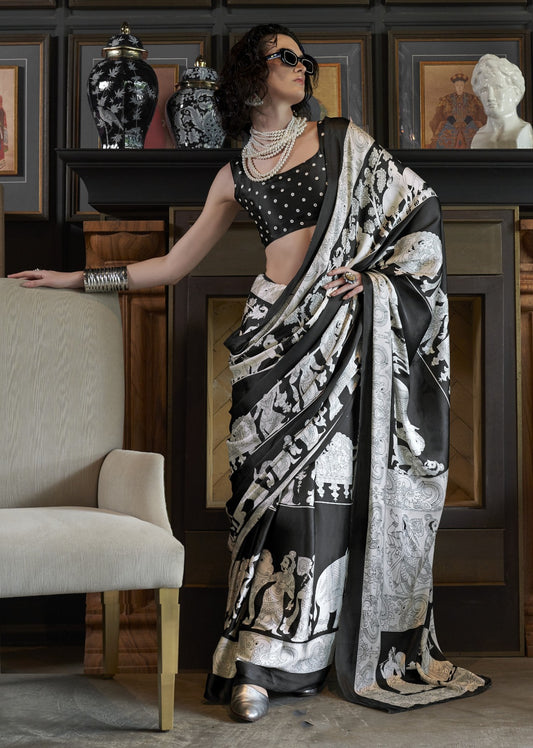 Fantastic Black And White Satin Crape Carnival Saree